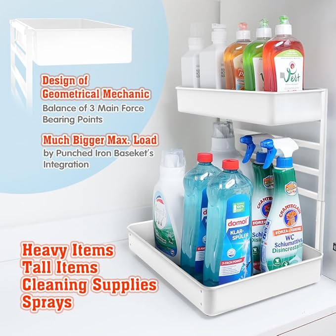 EVERIE Height Adjustable 2 Tier Metal Pull Out Slide Shelf Organizer for Under Sink Cabinets in Kitchen, Bathroom, with Snap-on Top Tray, 16" Deep (White, 2 Sets)