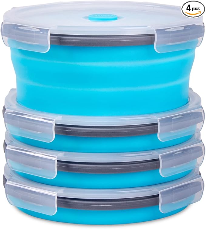 Collapsible Food Storage Containers with Airtight Lid & Vent, 40.5 oz, Kitchen Stacking Silicone Collapsible Meal Container Set for Leftover, Microwave Freezer Dishwasher Safe, Blue Round, Set of 4