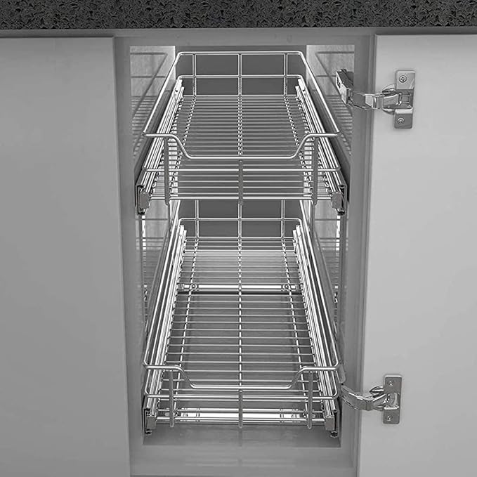 2 Tier Pull Out Cabinet Organizer 20" W X 22" D, Slide Out Drawers For Kitchen Cabinets, Pull Out Drawers For Cabinets Capacity Heavy Duty Caddy, Cabinet Pullout Shelves Chrome-Plated,Bathroom Pantry