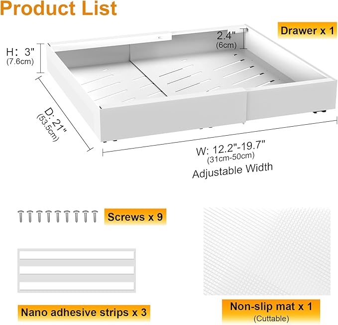 1 Pack 21" Deep Pull Out Drawers for Cabinets, Expandable Slide Out Drawers for Kitchen Cabinets, Pull Out Cabinet Organizer Roll Out Shelves for Pantry(Width 12.2"-19.7", White)