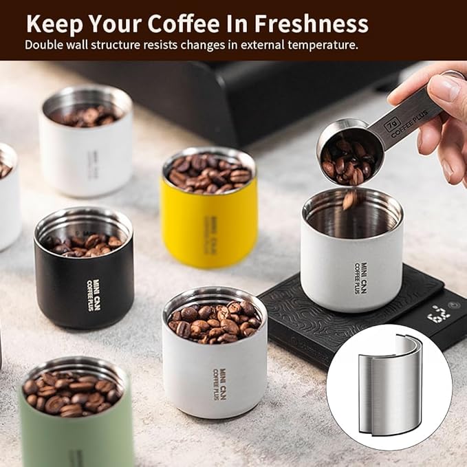 watchget Portable Mini Airtight Coffee Canister - 80ml Stainless Steel Coffee Bean Storage with CO2 Releasing Valves, Compact and Travel-Friendly Container for 30-35g Beans, Grounds, Light Dark