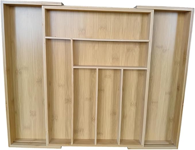Adjustable Bamboo Drawer Organizer, Expandable Silverware Drawer Organizer, Large Cutlery Tray with Wooden Drawer Dividers for Flatware Organizing Kitchen Utensils Holder (6-8 Slots, Natural)