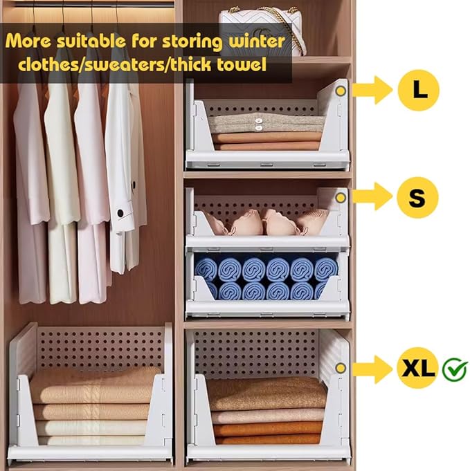 yazi 5XL Stackable Plastic Storage Basket,Closet Storage Bins for Clothes Sweater Organizer for Closet Folding Closet Organizers and Storage Closet Shelf Storage Container for Cupboard Bedroom