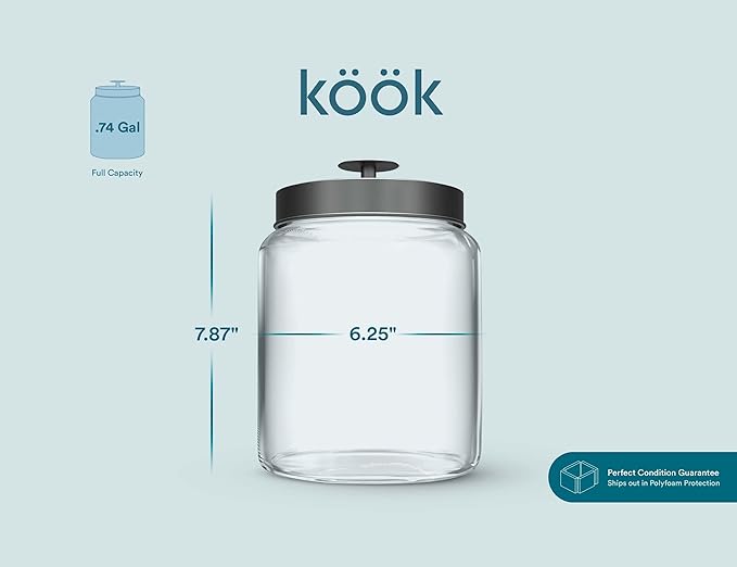 KooK Glass Kitchen Canister Set, Food & Storage Containers for Pantry, Bathroom Apothecary Jars, Tinplate Lids, Counter Organizers, 0.74 Gallon, Black, Set of 2