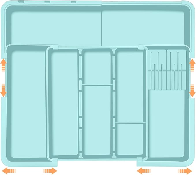 Utensil Drawer Organizer for Kitchen, Expandable Silverware Organizer Cooking Utensils Tray, Large Cutlery and Flatware Holder, Kitchen Tools & Gadgets Storage (Turquoise)