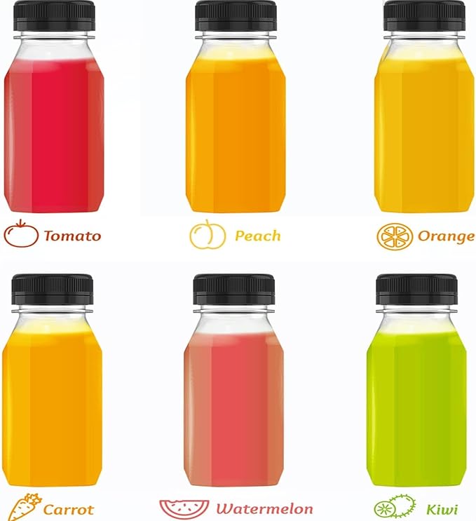 10 Pcs 6 Ounce Plastic Juice Bottle Drink Containers Juicing Bottles with Black Lids, Suitable for Juice, Smoothies, Milk and Homemade Beverages