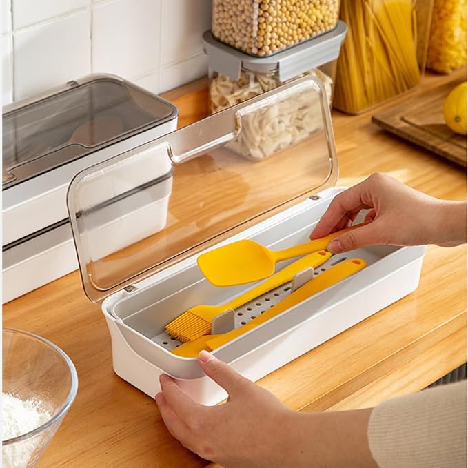 Plastic Kitchen Drawer Organizer with Lid and Drainer Stackable Utensil Holder for Countertop Silverware Tray Flatware Organizers - 13x4.7x2.4 Inch Spatula Cutlery Storage Box