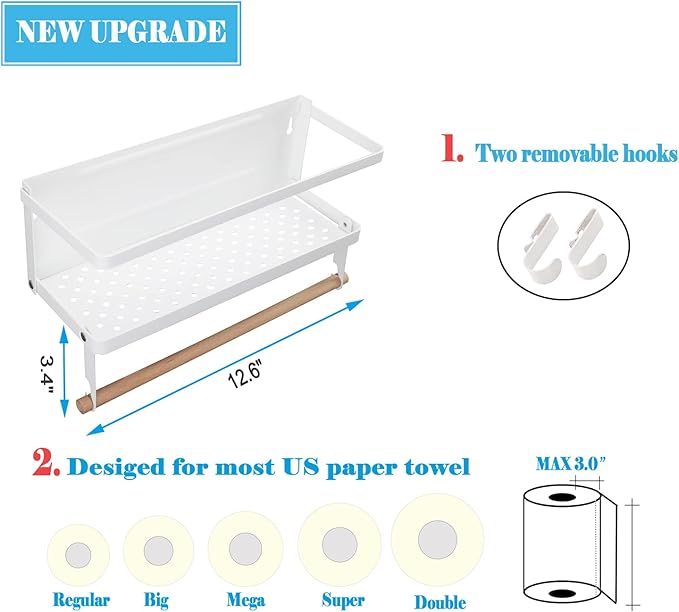 Magnetic Spice Rack Organizer Single Tier Refrigerator Spice Storage Shelf, Easy to Install The Side of The Refrigerator Can Hold spices, Jar of Olive Oil (White, With hook)