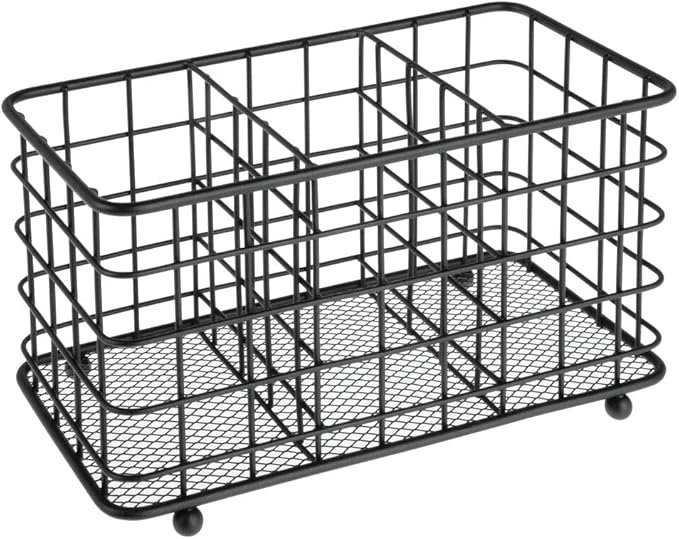 mDesign Farmhouse Modern Metal Wire Cutlery and Utensil Storage Organizer Bin for Kitchen, Pantry, Table and Countertop - Utensil Caddy Holds Forks, Knives, Spoons, Napkins - 3 Sections - Black