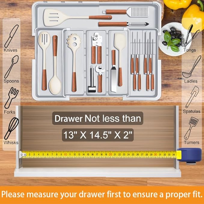 Large Utensil Organizer for Kitchen Drawer, Expandable Silverware Drawer Organizer Cooking Tray, Cutlery and Flatware Utensil Holder Kitchen Spatula Tools Storage with 3 Dividers, Grey