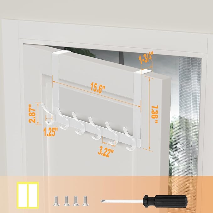 2 Pack Over The Door Hooks, Sturdy Door Hanger, Large Over The Door Towel Rack with 12 Hooks, Heavy Duty Easy to Install, for Bathroom, Bedroom,Kitchen,Hanging Towels, Coats (White)
