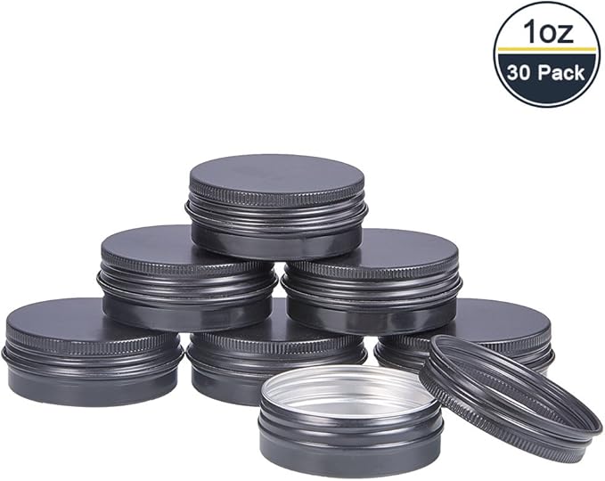 BENECREAT 30 Pack 1 OZ Tin Cans Screw Top Round Aluminum Cans Screw Containers Tins with Lids- Great for Store Spices, Candies, Tea or Gift Giving (Black)
