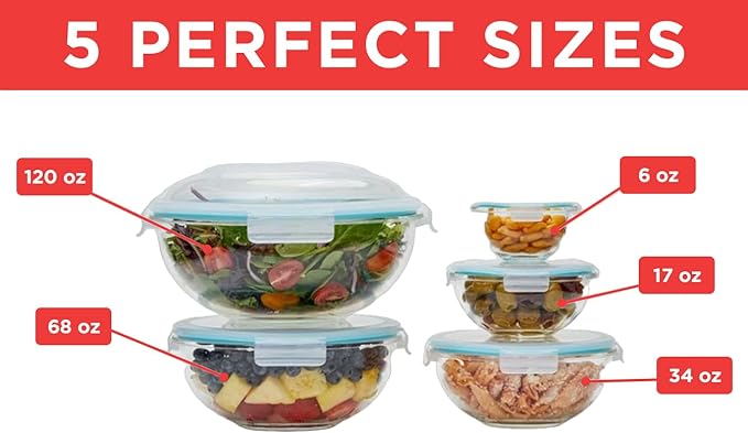 EatNeat Set of 5 Glass Food Storage Bowls with Airtight Snap Lock Lids - Salad, Mixing, Cooking, Meal Prepping & Leftover Keeping, Stackable & Nesting