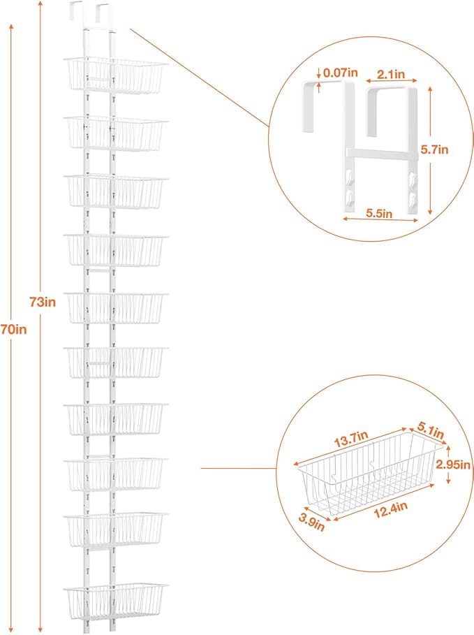 10 Tier Over the Door Pantry Organizer, Over the Door Spice Rack with Adjustable Baskets, Metal Hanging Door Pantry Organizers and Storage for Kitchen Bathroom Bedroom, White