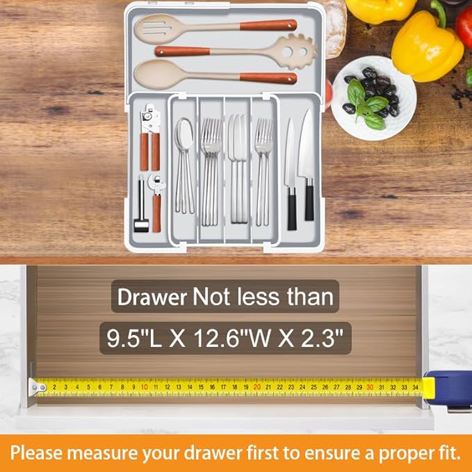 Homecor Kitchen Drawer Organizer, Expandable Silverware Drawer Organizer, Adjustable Utensil Organizer Tray, Cutlery Organizer for Forks, Knives, Kitchen Organizers and Storage, Grey