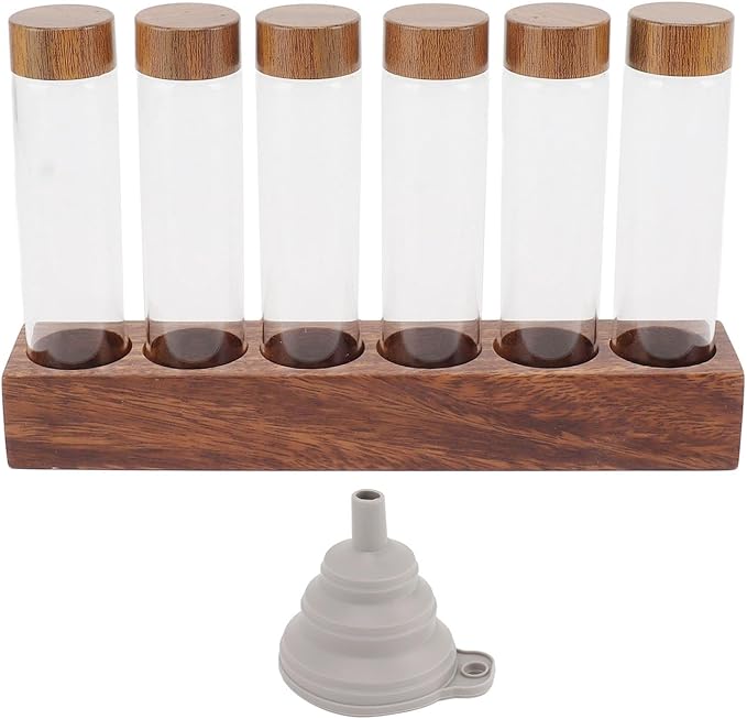 Coffee Bean Storage Tubes Single Dose, 6PCS or 12PCS Coffee Bean Cellar, Dosing Glass Vials with Lids, Wooden Display Stand and Funnel, Airtight Sealed Glass Canister Jars Tubes