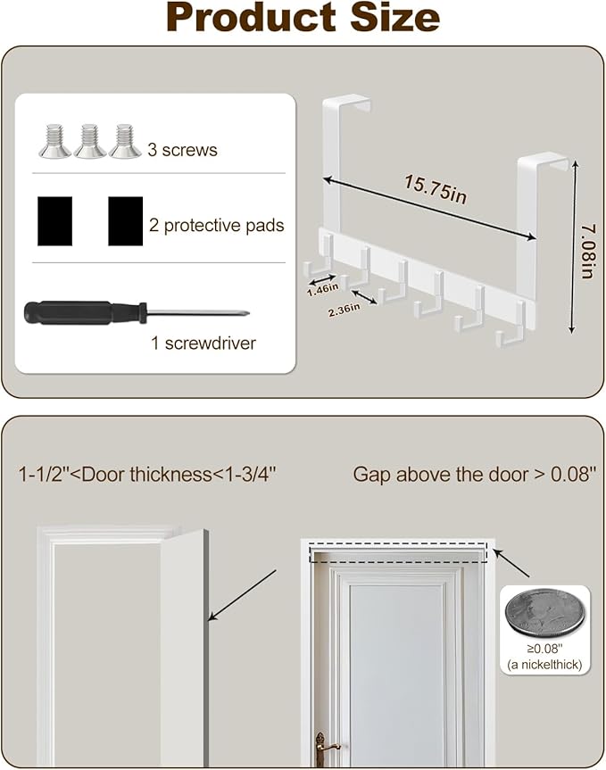 2 Pack Over The Door Hooks, Sturdy Door Hanger, Large Over The Door Towel Rack with 6 Hooks, Heavy Duty Easy to Install, for Bathroom, Bedroom,Kitchen,Hanging Towels, Coats (White).