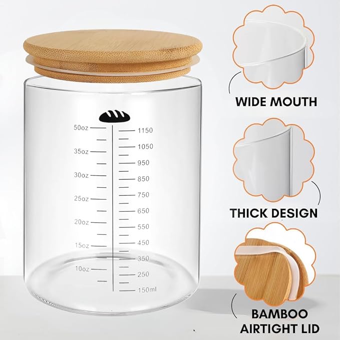 50oz Sourdough Starter Jar Glass with Recipes, Sourdough Starter Kit, Large Capacity Wide Mouth Glass Jar with lid, Sourdough Bread Baking Supplies