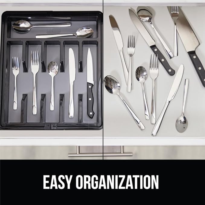 GORILLA GRIP Expandable Rubber Lined Silverware Organizer for Kitchen Drawers, Grip Feet to Stay in Place, Utensil Drawer Tray, Maximize Flatware Storage, BPA-Free Adjustable Cutlery Holder, Black