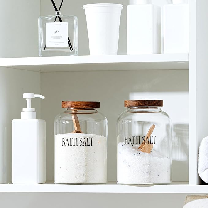 1 Sets 74 oz Large Bath Salt Container with Wooden Scoop for Glass Bath Salt Jar with Airtight Lid Storage Canister for Food, Flour, Sugar, Cookie, Kitchen