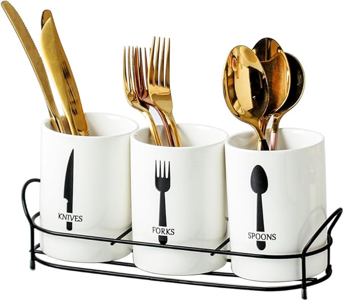 3-Piece White Ceramic Silverware Cutlery Holder with Black Metal Rack, Utensil Holder Flatware Caddy Cutlery Storage Organizer for Kitchen and Countertop (White)