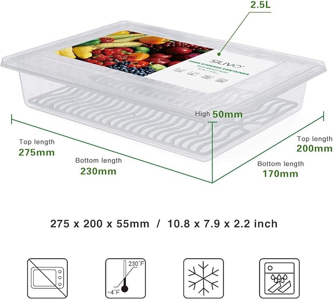 SILIVO Fridge Produce Saver Containers (3 Pack) - 2.5L Drain Tray Keeps Veggies, Fruits, Lettuce Fresh