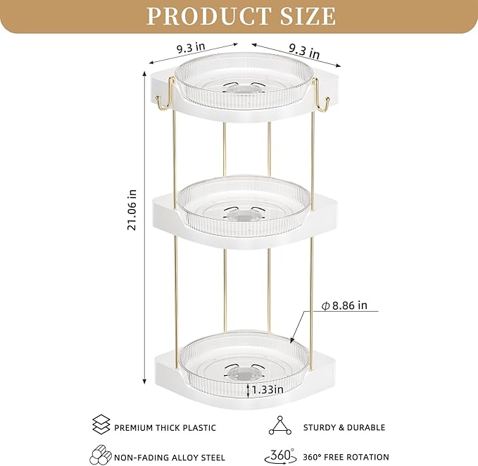 3 Pack Lazy Susan Turntable - Corner Spice Organizer for Cabinet - 9 Inch Rotating Condiment Rack Storage for Refrigerator, Pantry, Kitchen, Vanity, Bathroom Countertop (3 Tier-Clear)