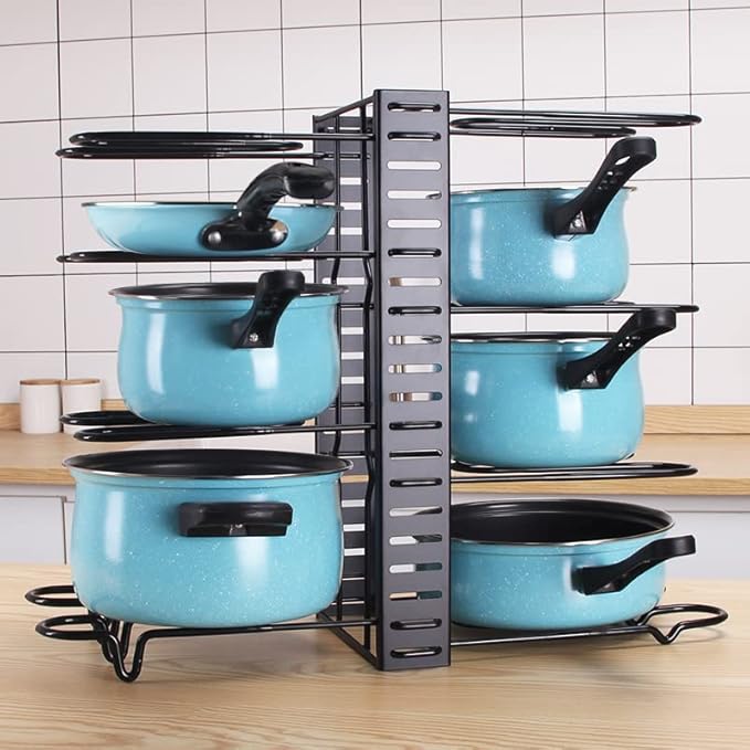 Adjustable Pots and Pans Organizer Rack for Cabinet, Metal Pans Pots Lids Storage Holder Rack with 3 DIY Methods for Kitchen, Counter,Black