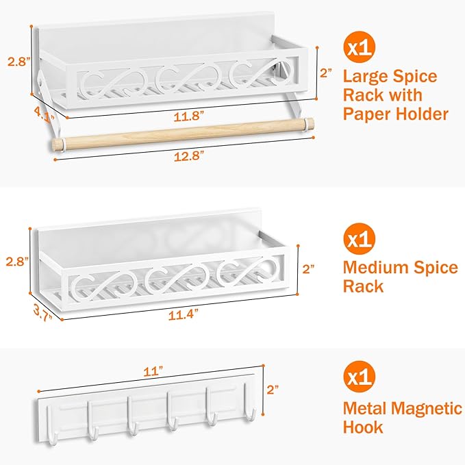 Spice Rack Magnetic for Refrigerator, 3 Pack Magnetic Spice Shelf, Moveable Fridge Organizer with 6 Hook Rack, Magnetic Fridge Seasoning Rack for Kitchen-White
