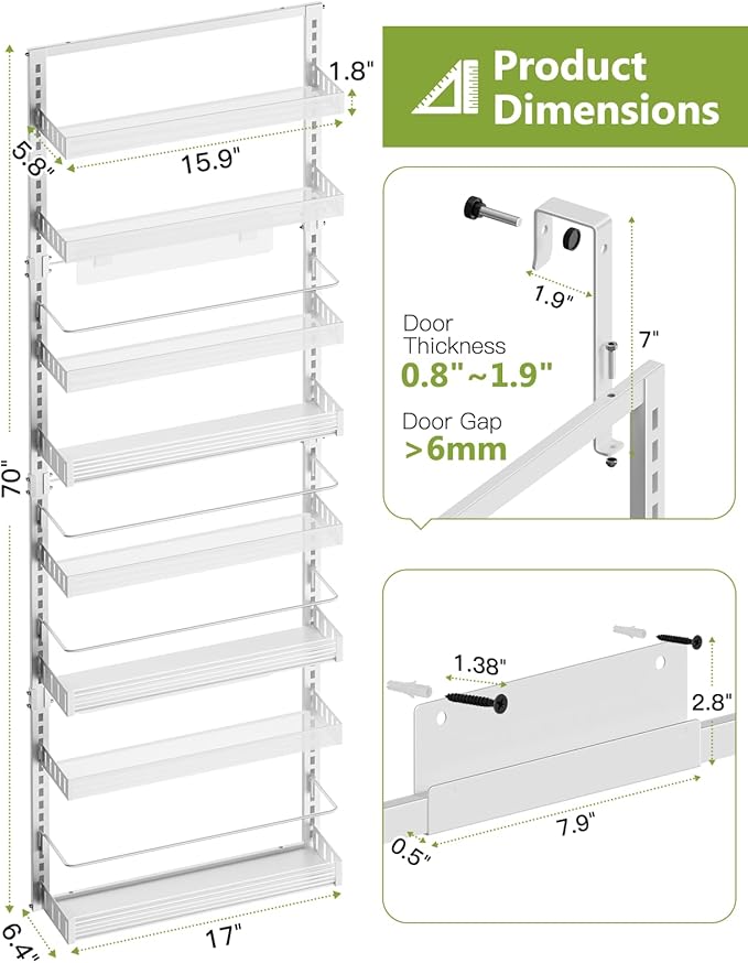 Over the Door Pantry Organizer, 8-Tier Large Wall Mounted Storage Spice Rack, 2 in 1 Heavy-Duty Metal Adjustable Hanging Baskets for Pantry, Bathroom, Kitchen, White