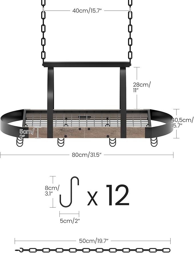 Hanging Pot Rack, Pot Hanger for Kitchen, Ceiling Mounted Pot Holder, Cookware Organizer with 12 S-Shaped Hooks, for Pot, Pan Storage, Space-Saving, Greige and Black TPR08BGC1