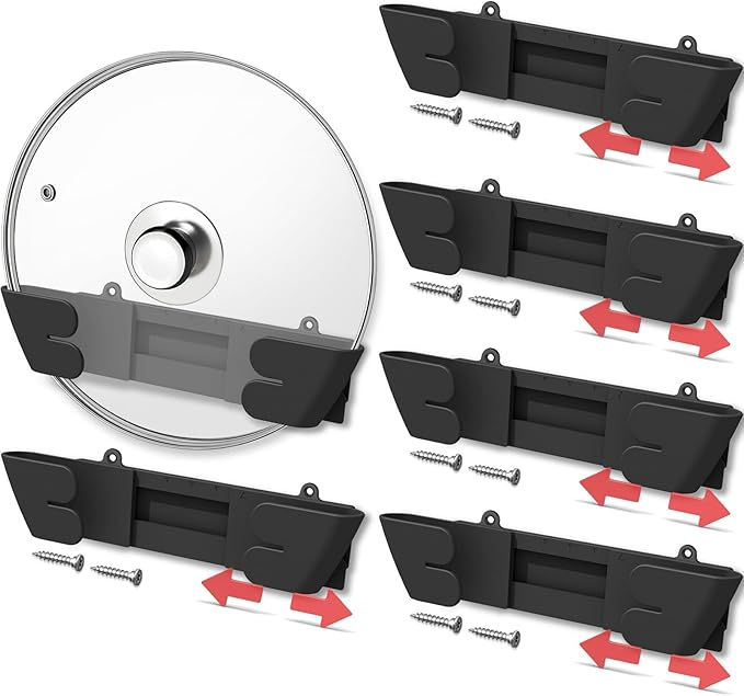 Adjustable Universal Pot Lid Holder Organizer for Cabinet - Upgraded Patented 6 Pack Pan Lids Organizers Inside Door Wall Mount Pots Top Rack for Kitchen Cupboard Fit 6" to 13" (Black)