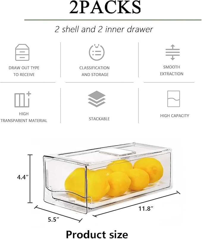 2 Pack Fruit Storage Containers for Fridge with Drain Board, Stackable Fridge Organizers and Storage,Reusable Food Storage Containers,Refrigerator Drawer for Produce,Fruit,Vegetable,BPA-Free