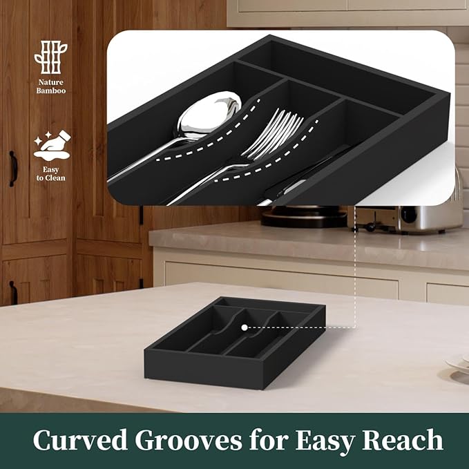 Small Silverware Organizer, Bamboo Kitchen Drawer Organizer, Utensil Holder, Cutlery Tray & Spoon Flatware Storage with Grooved Drawer Dividers (Black)