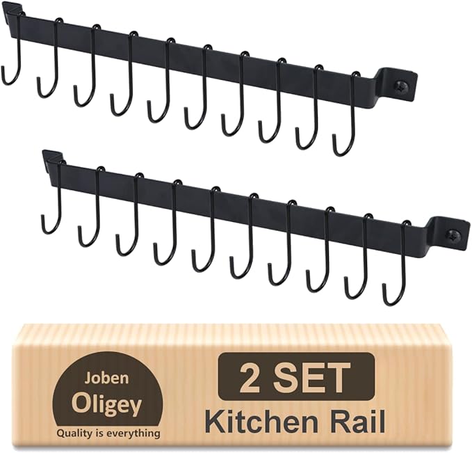 Joben Oligey Utensil Holder, Kitchen Rail With 10 Hooks, Pots and Pans Organizer Hanger, Wall Mounted Wrought Iron Hanging Black 17 Inch for Coffee Mug Rack Cup Hanging, Set of 2