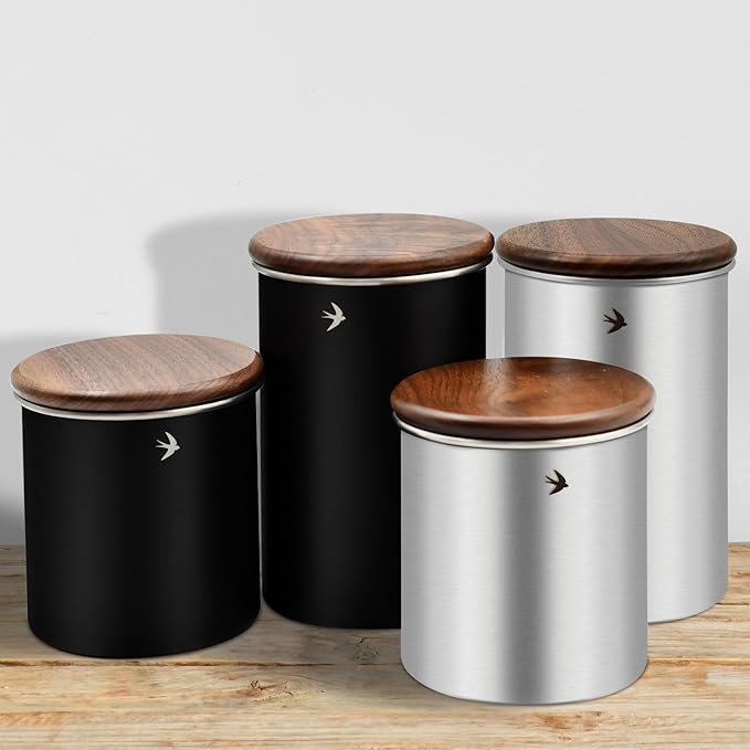 Food Storage Jar Canister with Airtight Walnut Wood Lid Elegant Design Stainless Steel Canister for Tea Coffee Sugar Spice Nuts Snacks Seasonings Storage Jar Caddy (12.8oz Natural)