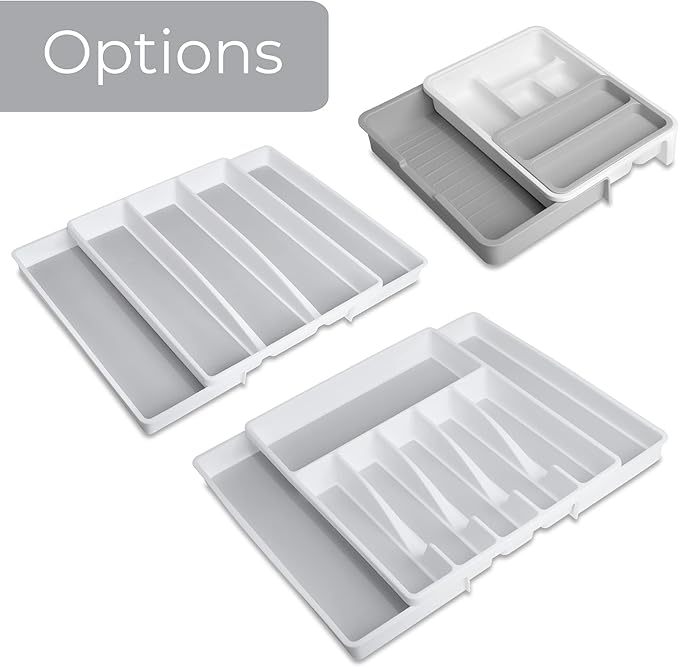 Smart Design 7 Compartment Expandable Drawer Organizer - Sliding Tray - BPA Free - Utensils, Flatware, Office, Personal Care, or Makeup Storage - Kitchen - White with Gray