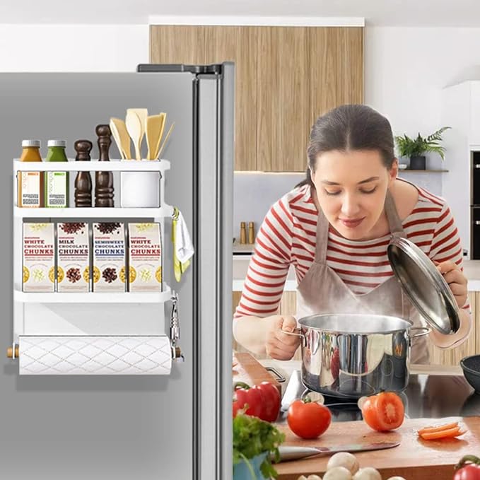 Magnetic Spice Rack for Refrigerator White Magnetic Paper Towel Holder for fridge Magnetic Shelf Magnetic Shelves Fridge Magnet Organizer Spice Rack Kitchen Organization Kitchen Storage