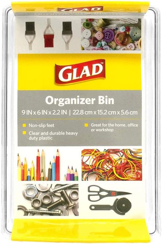 Glad Plastic Drawer Storage Tray – Heavy Duty Organizer Bin for Home, Kitchen, Bath, Bedroom, Office | Non-Slip Feet, 9x6, Clear