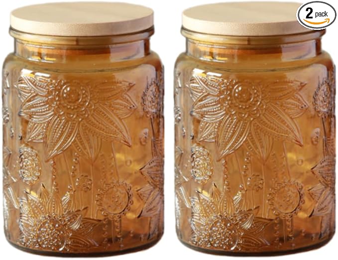 ANSQU Set of 2 Vintage Glass Kitchen Storage Jars, 23.7 FL OZ Gass Jar with Airtight Lid, Vintage Mason Jars for Home Kitchen Coffee Tea Sugar Cookie Candy Jars (Yellow, 2 Pack)