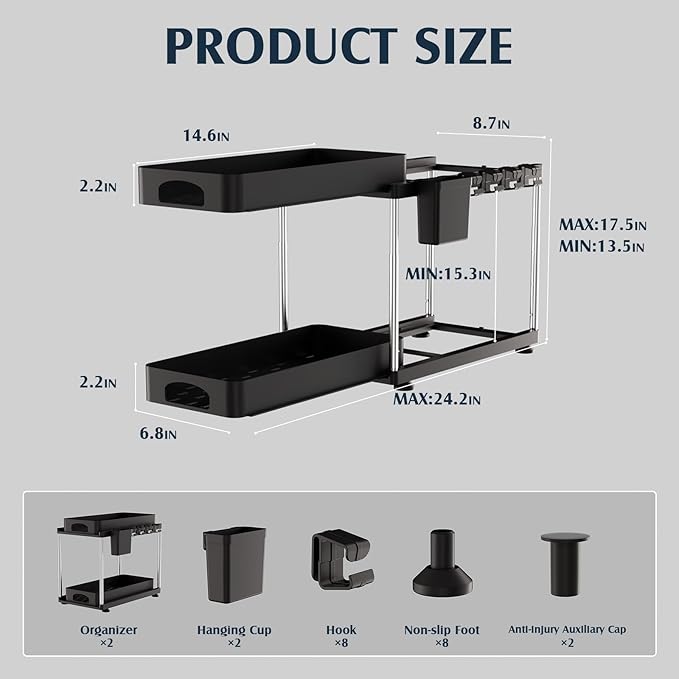 2 Pack Under Sink Organizer, 2 Tier Under Sink Organizers and Storage for Kitchen Bathroom, Height Adjustable Cabinet Organizer with Two Slide-Out Drawers,Black