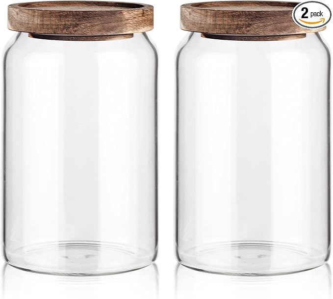Labina Glass Storage Container Airtight Food Jars Kitchen Canister with Wood Lids, 33 Oz Wide Mouth Pantry Organization Glass Jar for Flour, Sugar, Cookie, Spagetti, Nuts and Candy (2 Pack)