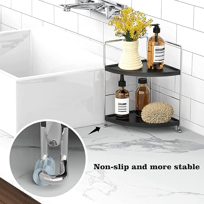 Kitchen Spice Rack Standing Shelf, 2-Tier Corner Storage Shelf, Bathroom Countertop Organizer, Vanity Tray Cosmetic & Makeup Storage, Silver&Black