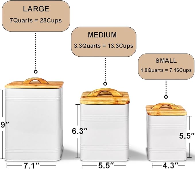 vensovo Kitchen Canisters Set of 3 – White Metal Airtight Food Storage Jars with Lids – Farmhouse Flour and Sugar Containers for Kitchen Countertop & Pantry