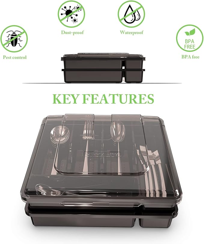 Silverware Organizer with Lid for Drawer, Plastic Utensil Holder for Countertop, Flatware Organizer Cutlery Tray with Cover 5 Compartments (2 Layer-Black)