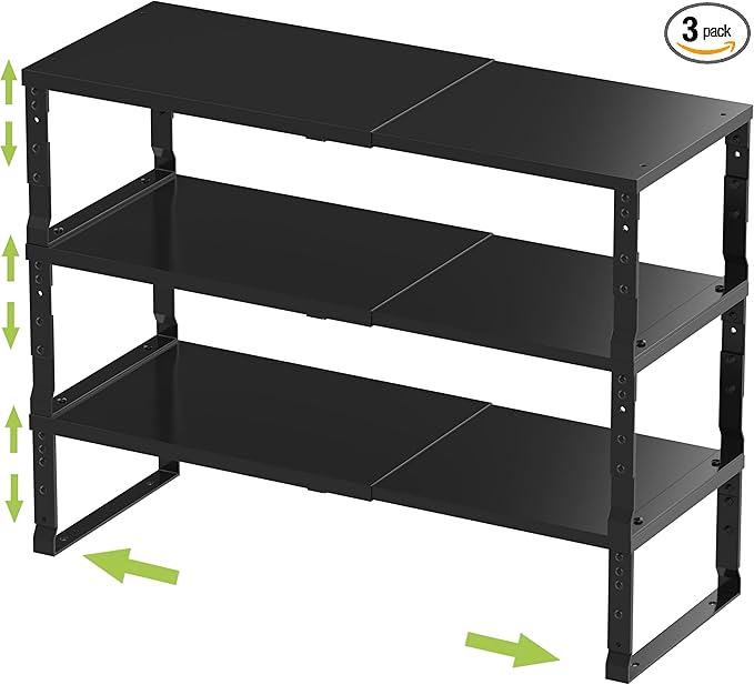 Expandable Stackable Spice Rack Organizer for Kitchen Cabinet,Adjustable Counter Shelf, countertop, Pantry,Cupboard,Bathroom,Bedroom(3Packs/Black/Large)