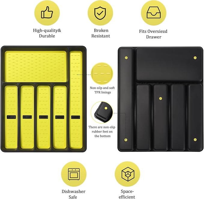 Silverware Organizer with Cutlery Icons,Silverware Tray for Kitchen Drawer,Plastic Flatware Tableware Cultery Drawer Organizer Utensil Organizer with Non-slip TPR Linings,6-Compartment,Yellow