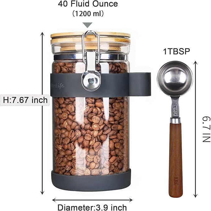 KKC HOME ACCENTS Airtight Clear Glass Coffee Bean Storage Containers with Scoop,Glass Coffee Bean Jar Canister with Bamboo Clamp Lid for Ground Coffee,Loose Leaf Tea, Nut,Sugar,40 Fluid Ounce