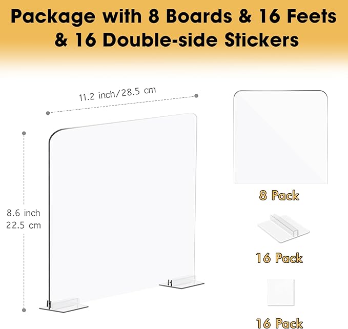 SSAWcasa Acrylic Shelf Dividers, 8 Pack Closet Organization Shelf Organizer for Any Thickness Wood Shelves, Clear Adjustable Purse Bag Sweater Shelving Separator for Bedroom Cabinet Office Storage