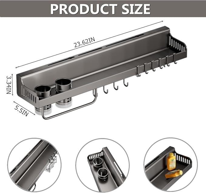 Magnetic Spice Rack for Refrigerator, 3 Pack Magnetic Shelf, Moveable Magnetic Fridge Organizer with 10-Hook Rack, Seasoning Organizer for Kitchen Organization and Storage (Grey)
